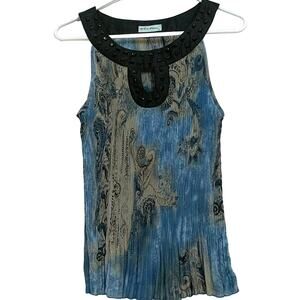 Vio Lin Sophisticated Ribbed Tank Top Beaded Neckline Blue Tan Womens Small
